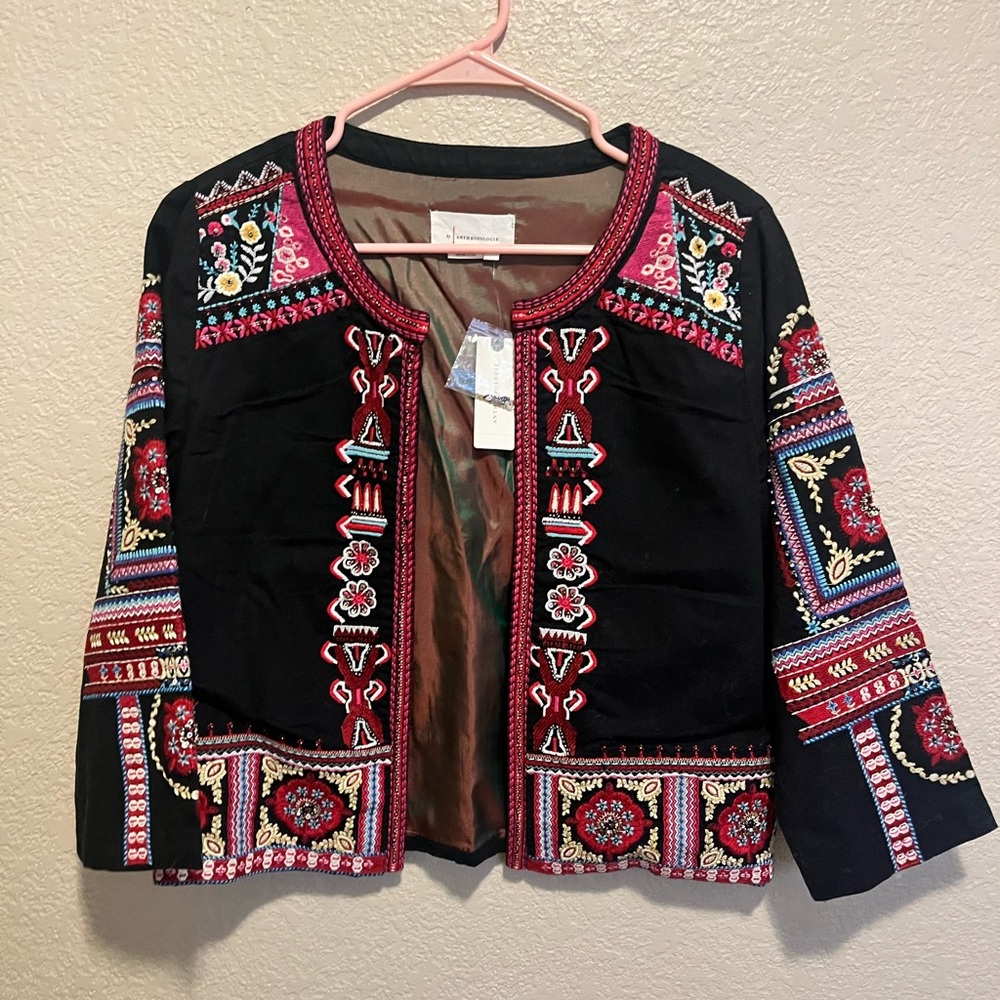 NWT Anthropologie Black Beaded Jacket with Red and Pink Embroidery XS